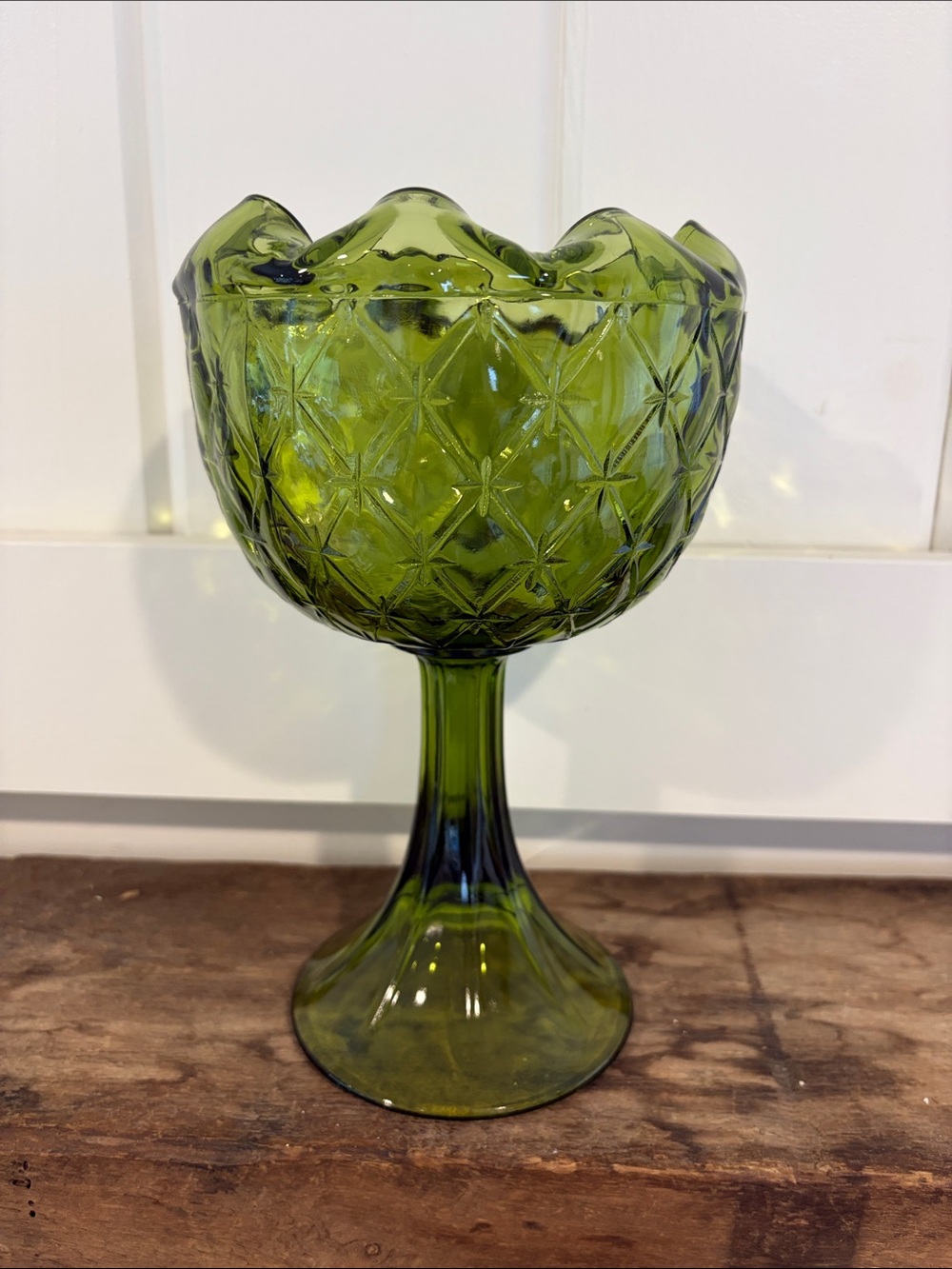 Vintage Indiana Glass avocado green compote bowl with quilted diamond pattern.